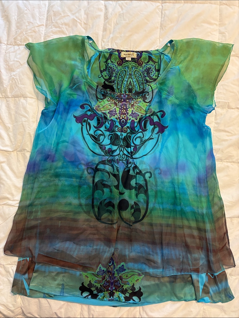 ONE WORLD Green and Teal Sheer Embellished Tunic